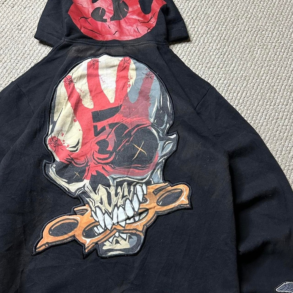 Y2K Vintage 2000s skater grunge Embroidered Five Finger Death Punch skull Hoodie - Picture 6 of 8